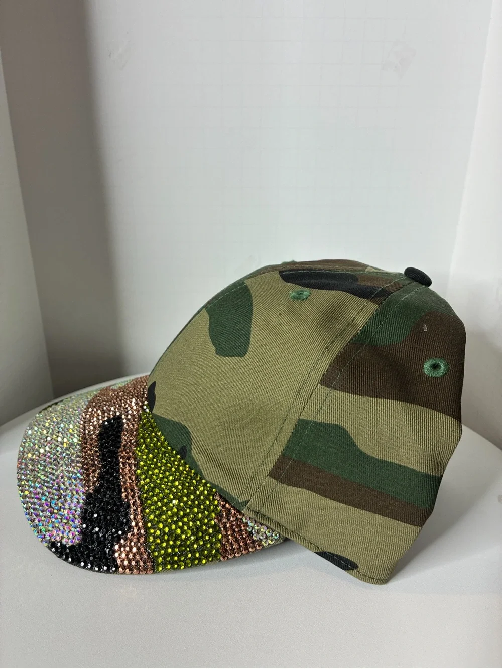 Custom Women Camouflage Rhinestone  Cap - Green